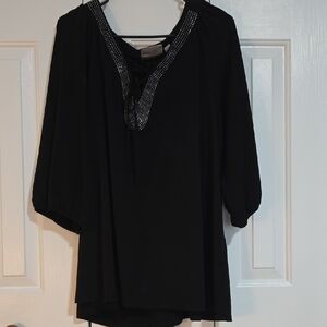 Avenue Black Blouse with Embellished Neckline